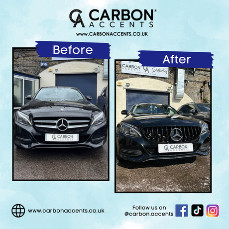 A black Mercedes is shown in two side-by-side images labeled "Before" and "After." The "After" image displays a new, sportier grille. A sign above reads "CARBON ACCENTS www.carbonaccents.co.uk". Social media icons appear below.