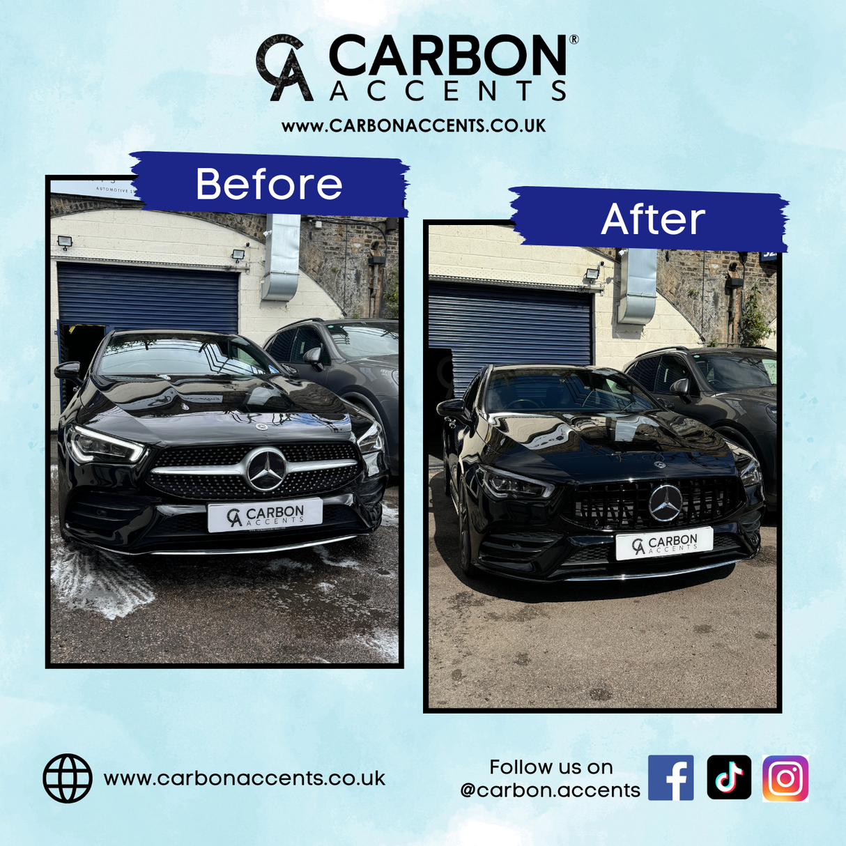 A black Mercedes car before and after a detailing process. The "Before" image shows it with a dull finish; the "After" image shows a glossy shine. Context includes a garage and nearby cars. Text: "CARBON ACCENTS" with website and social media icons: www.carbonaccents.co.uk. Follow us on @carbon.accents.