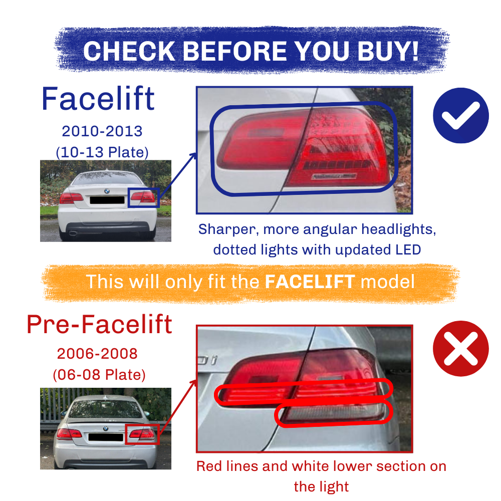 Text:  Facelift 2010-2013 (10-13 Plate) Sharper, more angular headlights, dotted lights with updated LED. This will only fit the FACELIFT model. Pre-Facelift 2006-2008 (06-08 Plate) Red lines and white lower section on the light."
 
 Description: Tail lights comparison; "Facelift" model has sharper, angular lights with LEDs, while "Pre-Facelift" features red lines and white lower sections.