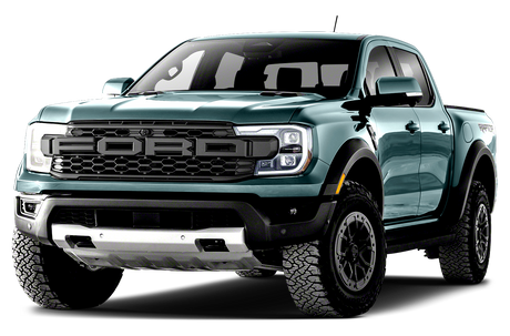 A green pickup truck with black accents and large tires is parked against a plain black background. "FORD" is prominently displayed on the grille.