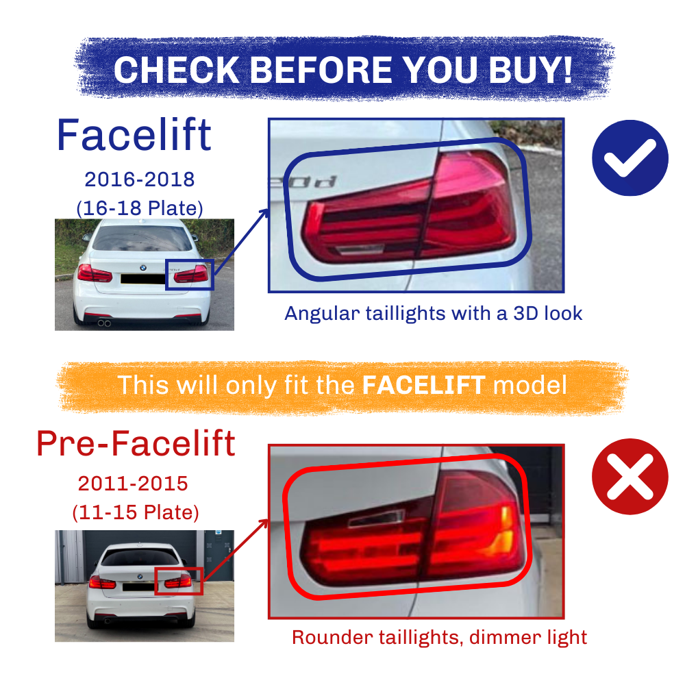 Cars’ taillights comparison; "Facelift" model (2016-2018) has angular, 3D taillights; "Pre-Facelift" model (2011-2015) has rounder, dimmer taillights. Text: This will only fit the FACELIFT model."
