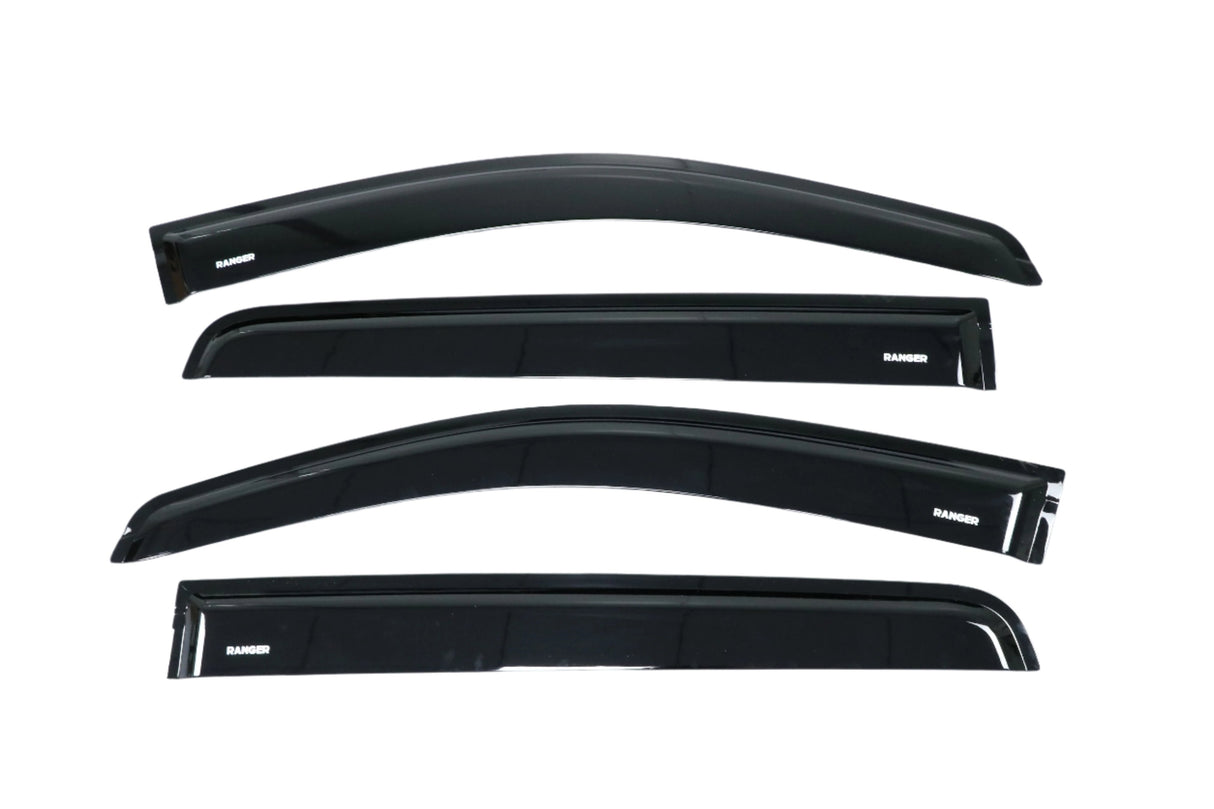 Four black car window visors labeled "RANGER" are arranged horizontally on a plain white background. Each visor has a sleek, curved design suited for automotive installation.