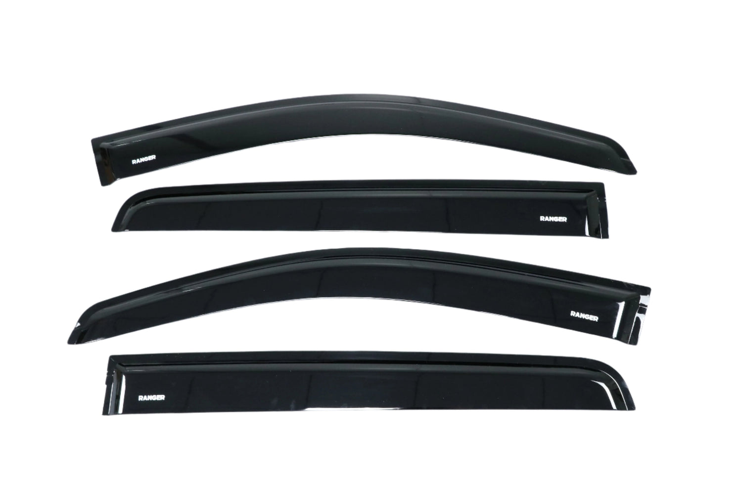 Four black car window visors labeled "RANGER" are arranged horizontally on a plain white background. Each visor has a sleek, curved design suited for automotive installation.