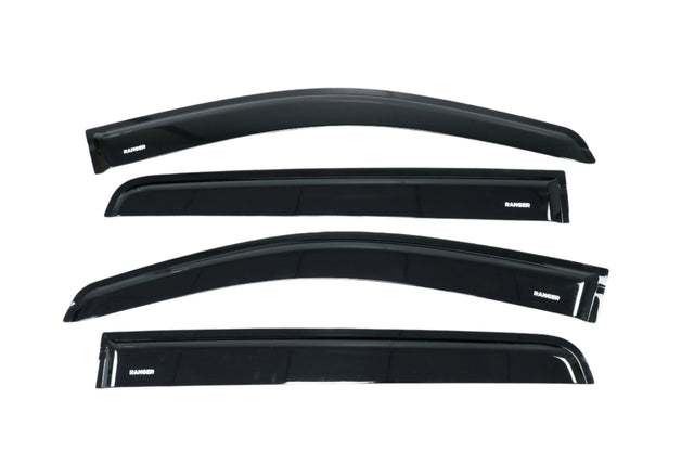 Four black car window visors labeled "RANGER" are arranged horizontally on a plain white background. Each visor has a sleek, curved design suited for automotive installation.