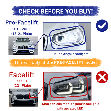 shows differences between BMW models. Pre-Facelift (2018-2021) has round Angel headlights. Facelift (2022+) has sharper, slimmer, angular headlights with updated LED. Text: "This will only fit the PRE-FACELIFT model."