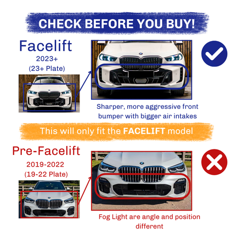 A comparison of two car models: "Facelift 2023+" with a sharper front bumper and larger air intakes, and "Pre-Facelift 2019-2022" with different fog light positioning. Text highlights model differences.