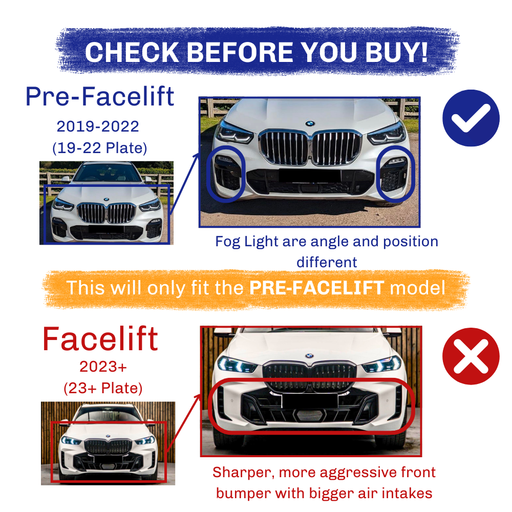 A comparison of BMW car front bumpers with model years and details: 
 
 - Pre-Facelift (2019-2022): Fog light angle and position difference.
 - Facelift (2023+): Sharper bumper, larger air intakes.
 
 Text: 
 - "
 - "Pre-Facelift 2019-2022 (19-22 Plate)"
 - "Fog Light are angle and position different"
 - "This will only fit the PRE-FACELIFT model"
 - "Facelift 2023+ (23+ Plate)"
 - "Sharper, more aggressive front bumper with bigger air intakes"