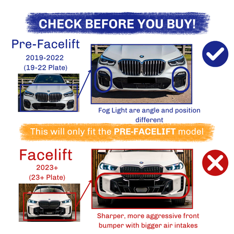 A comparison image with two sections: "Pre-Facelift" (2019-2022) and "Facelift" (2023+), highlighting fog light position differences. Text:  This will only fit the PRE-FACELIFT model" and "Sharper, more aggressive front bumper with bigger air intakes."