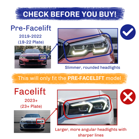 A car comparison chart highlights "Pre-Facelift" (2019-2022) with slimmer, rounded headlights and "Facelift" (2023+) with larger, angular headlights. Text: “CHECK BEFORE YOU BUY! This will only fit the PRE-FACELIFT model.”