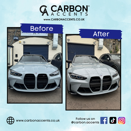 A silver car is shown in two side-by-side images labeled "Before" and "After," with changes in the front grill. Text: www.carbonaccents.co.uk, Follow us on @carbon.accents.