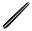Two black snowmobile ski runners rest parallel on a plain white background. They feature slightly upturned ends with small holes regularly spaced along their length for mounting.