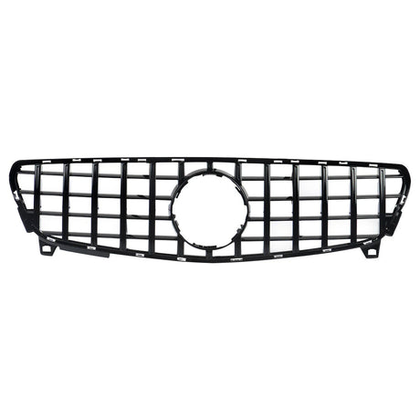 A black car grille with vertical and horizontal bars forms a grid pattern, featuring a circular center frame, set against a plain white background.