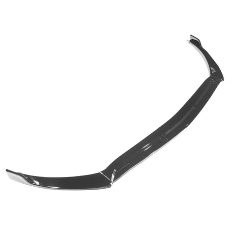 A glossy black car front lip spoiler is displayed, arching upward at the ends, on a plain white background.