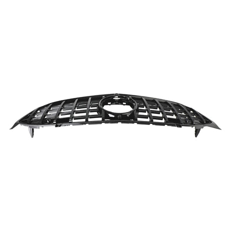 A black car grille with horizontal and vertical slats features a circular cutout at the center, resting on a white, featureless background.