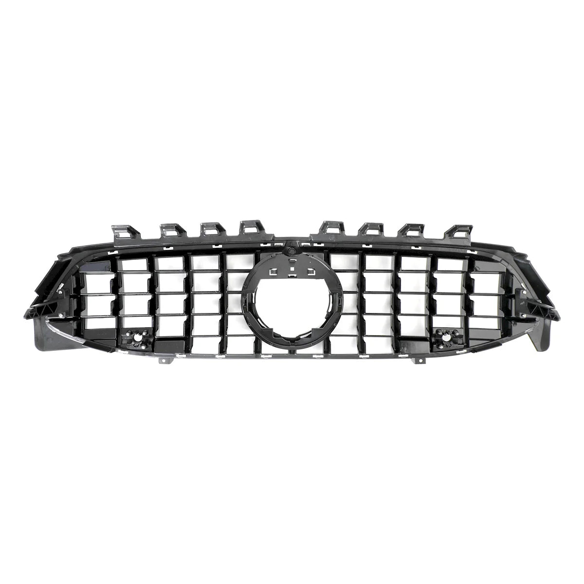 A black car grille features a grid pattern with a central circular opening, positioned against a plain white background.