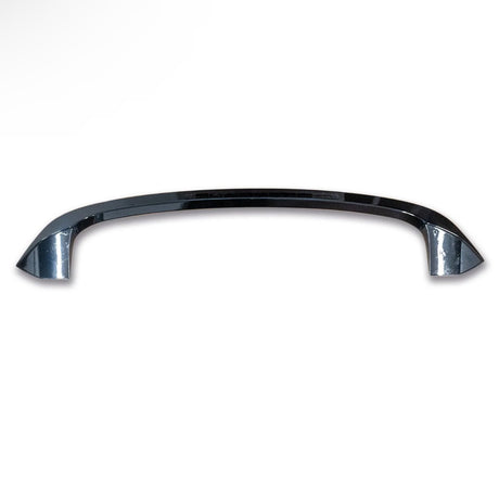 A chrome metal handle with a sleek, curved design is positioned horizontally against a plain white background, reflecting light subtly on its polished surface.