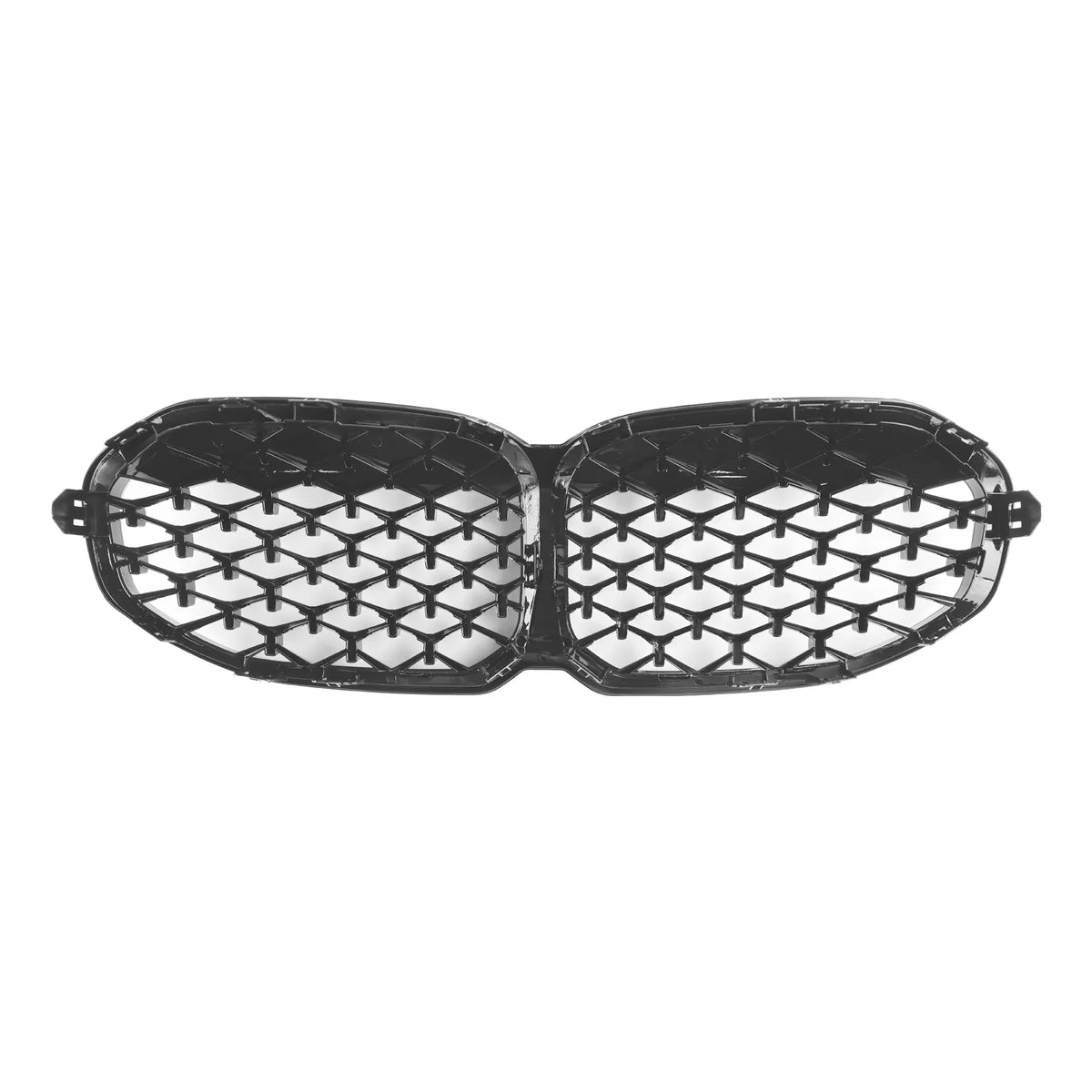 The object is a shiny black car grille with a honeycomb pattern, designed for front attachment, with two connected oval sections, isolated on a plain white background.