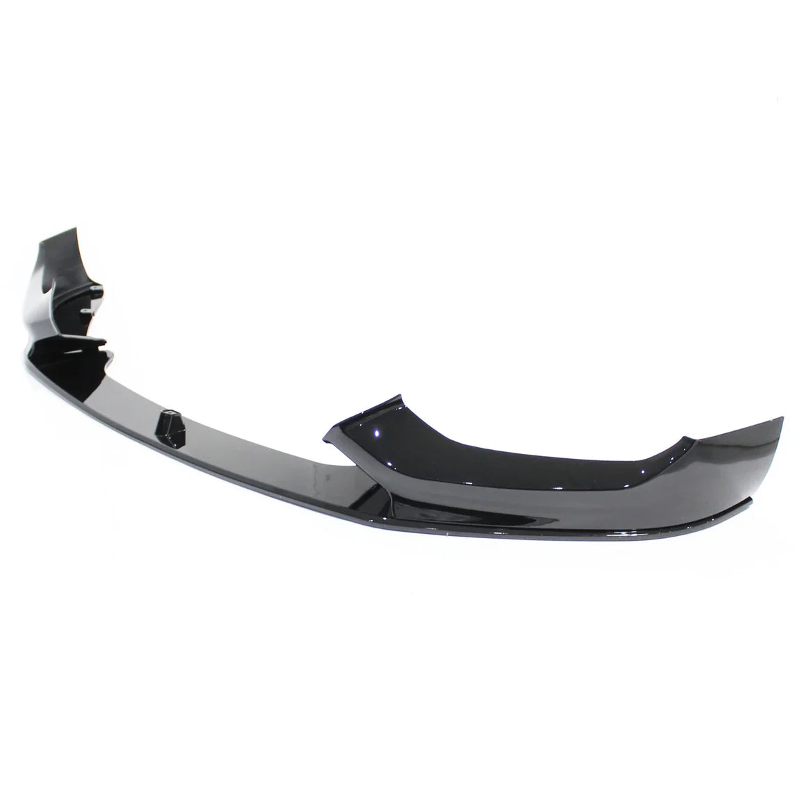 A glossy black car front bumper lip sits on a plain white background, featuring a sleek, aerodynamic design with curved edges and mounting points.