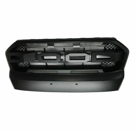 Black vehicle grille displaying bold letters "FORD," features a mesh pattern on sides, set against a plain white background.