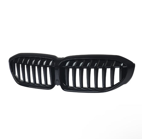 A glossy black car grille with twin kidney-shaped sections, featuring vertical slats, is displayed against a plain white background.
