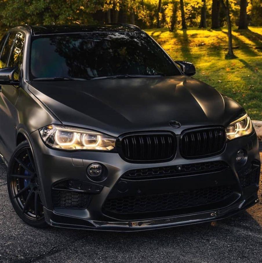 A black BMW SUV is parked on a paved road, with headlights on, amidst a sunny, tree-lined park. The vehicle's sleek design contrasts with the vibrant green grass.