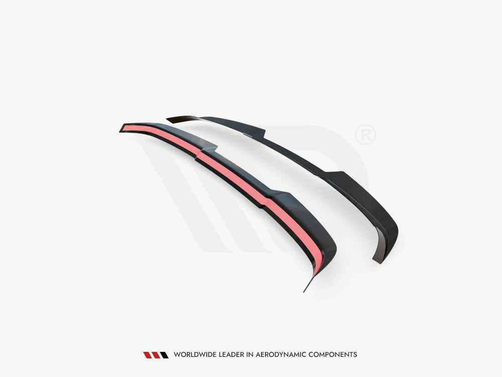 Two black aerodynamic components featuring red accents rest on a plain white background. Text below reads, "WORLDWIDE LEADER IN AERODYNAMIC COMPONENTS."