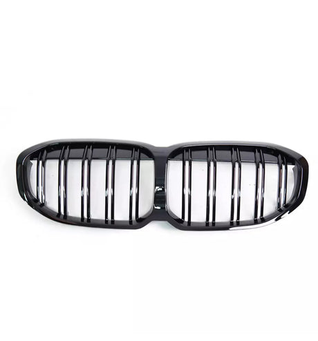 A black, dual-section car grille with vertical slats and a glossy finish is isolated against a white background, emphasizing its symmetrical design and shiny appearance.