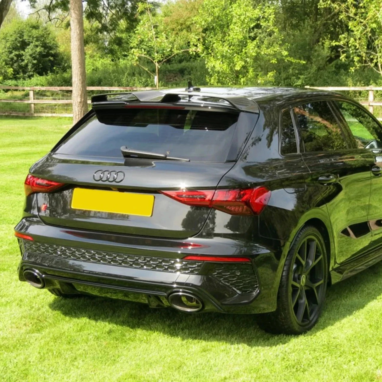 A black Audi car is parked on a grassy area surrounded by trees and a wooden fence. It has prominent dual exhaust pipes and tinted windows.
