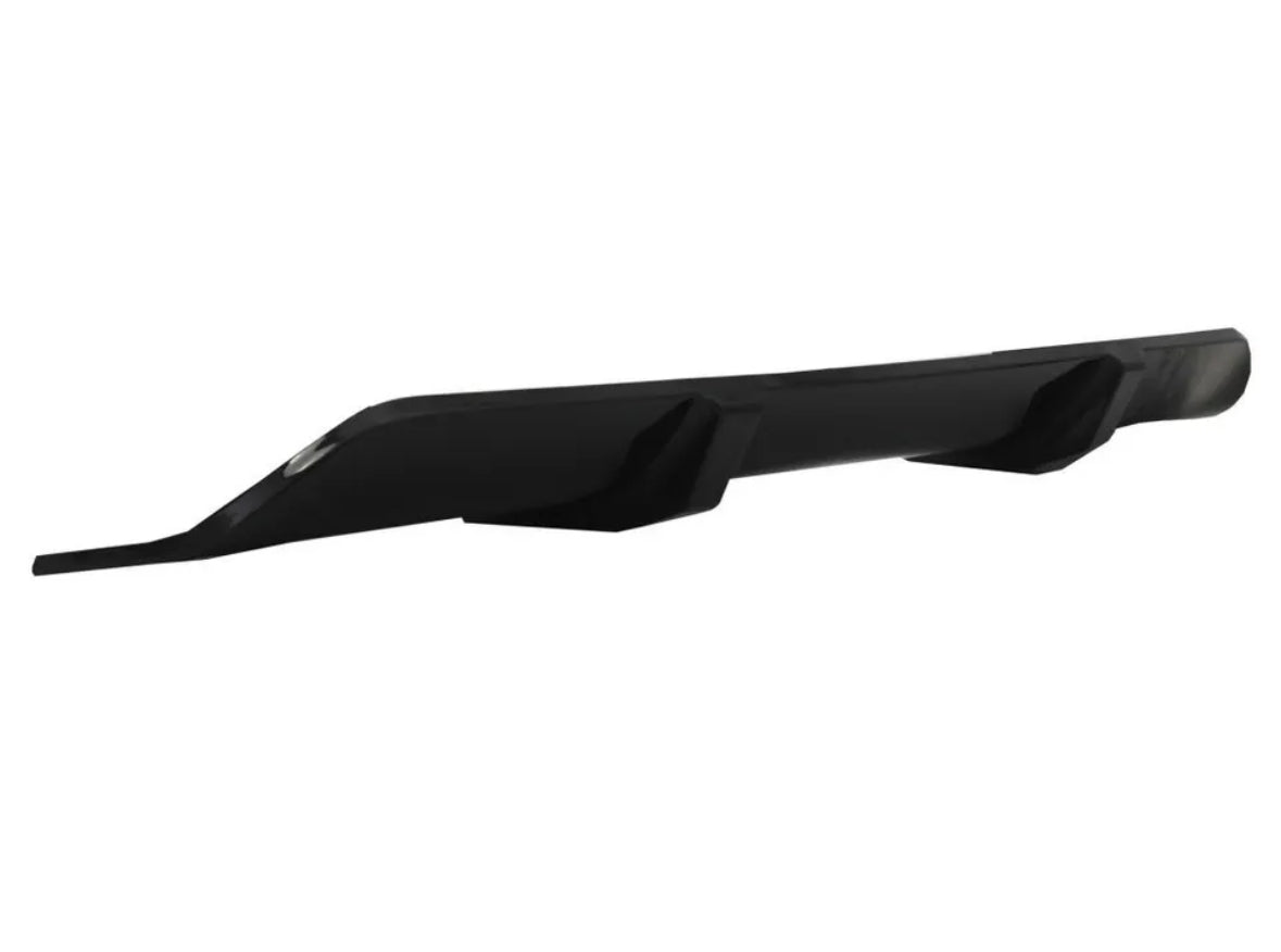A black automobile bumper extension with angular design sits against a plain white background, highlighting its sleek and modern appearance for vehicles.