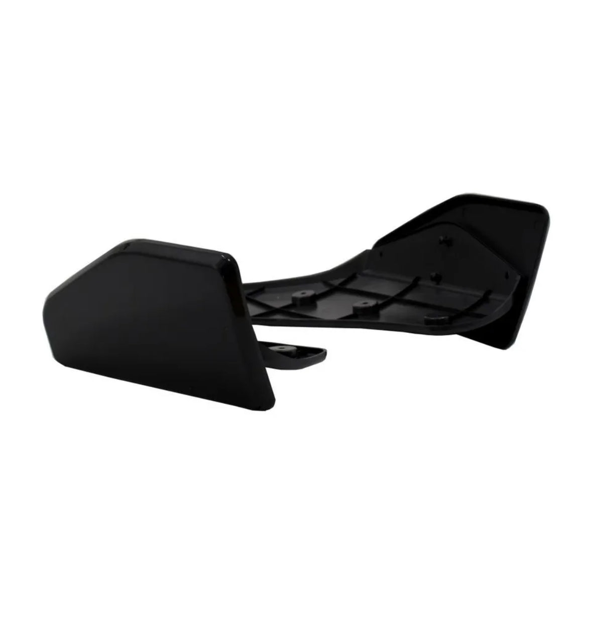 A black plastic car spoiler sits on a white background, featuring ridged surfaces and mounting holes, designed for aerodynamic enhancement.