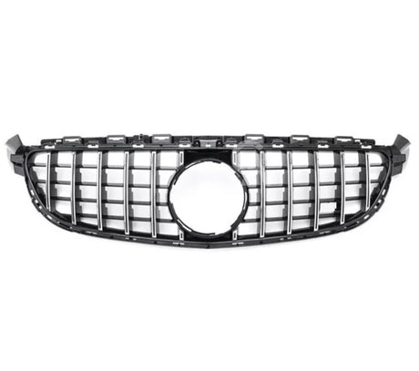 Car grille with vertical chrome slats and a central circular emblem space; displayed against a plain white background.