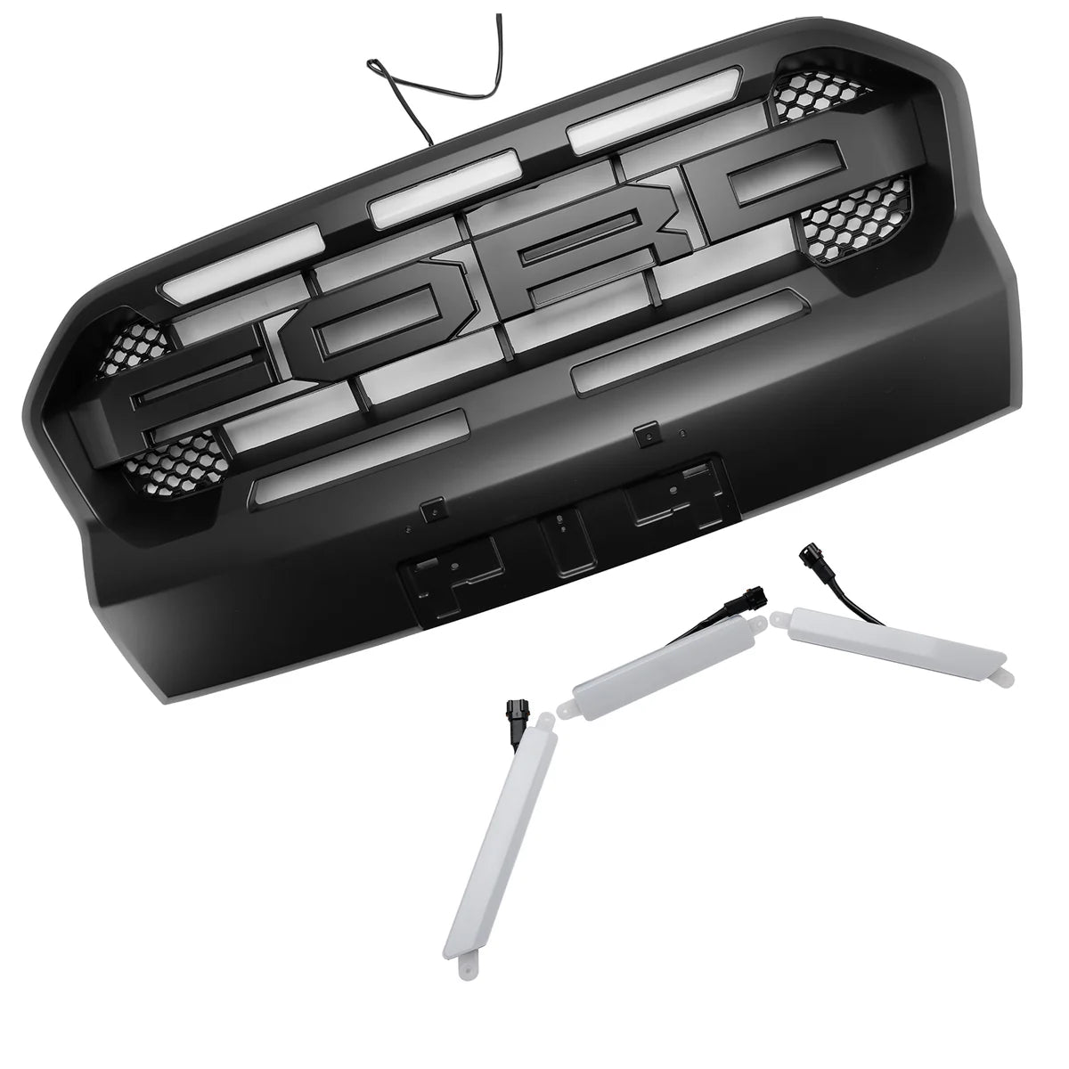 A black grille with large "FORD" lettering is accompanied by three white, elongated light bars with attached wires, set against a plain white background.