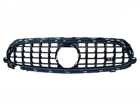 A black plastic car grille with a honeycomb pattern and an emblem cutout rests against a plain white background.
