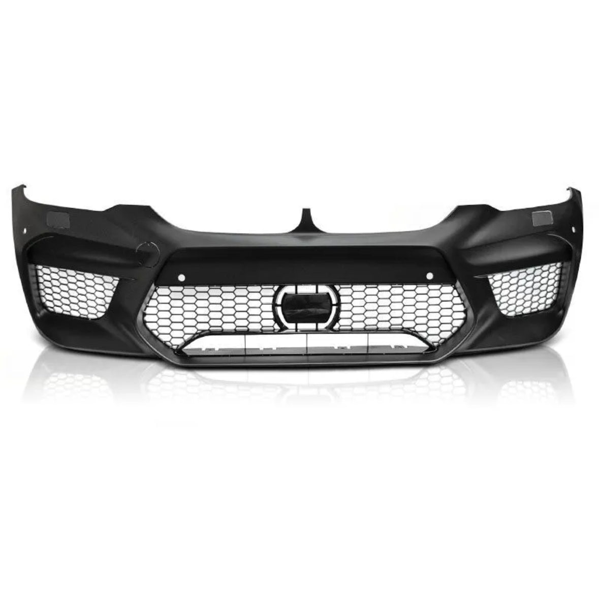 Black car bumper with a honeycomb grille design, displayed against a white background, showcasing an aggressive front-end style.