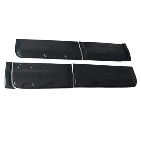 Black car door panels lie arranged side by side on a white background, showcasing their geometric patterns and design.