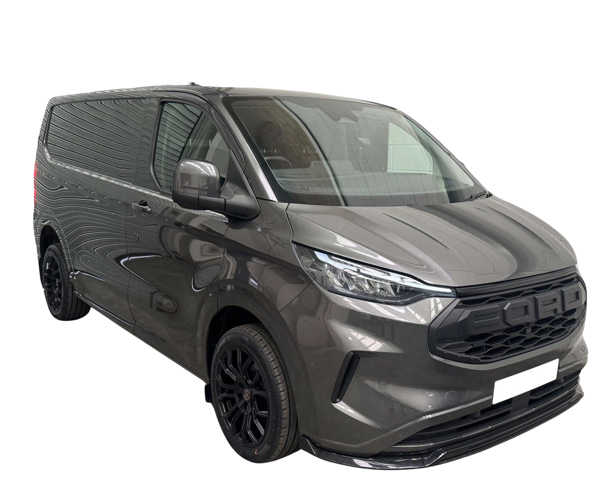 Van with sleek, metallic gray finish parked indoors, showcasing a modern design and black "FORO" grille. Dark wheels, reflective windows, and a well-lit environment highlight its contemporary features.