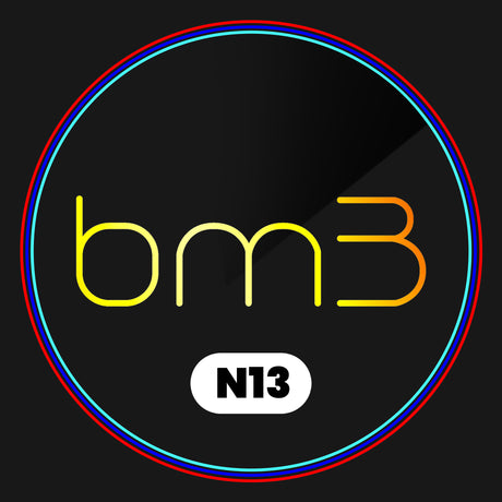 Text "bm3" in gradient yellow to orange with a "N13" label below, encircled by blue and red rings, on a dark background.