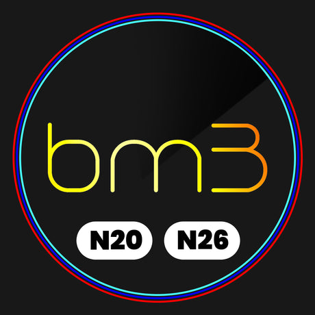 The image features the text "bm3" in yellow and orange, centered on a black background. Below it are two white ovals with "N20" and "N26." A colorful double border surrounds it.