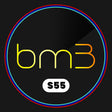 The design showcases the text "bm3" in yellow and orange hues, encircled by red and blue rings. Below, a white oval contains the text "S55" on a black background.