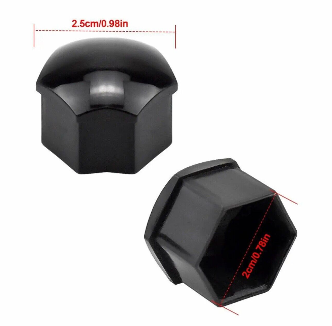 Black plastic lug nut covers with hexagonal openings and smooth domed tops, measuring 2.5 cm (0.98 in) wide and 2 cm (0.78 in) deep.
