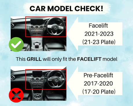 Car interiors are shown to illustrate grill compatibility. The upper image with a green check is a Facelift model (2021-2023). The lower image with a red cross is a Pre-Facelift model (2017-2020). Text: "CAR MODEL CHECK! This GRILL will only fit the FACELIFT model."