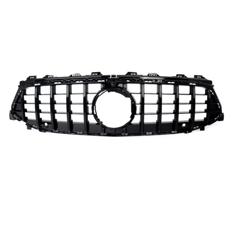 A black car grille with a grid pattern, featuring a central circular emblem area, is set against a plain white background.