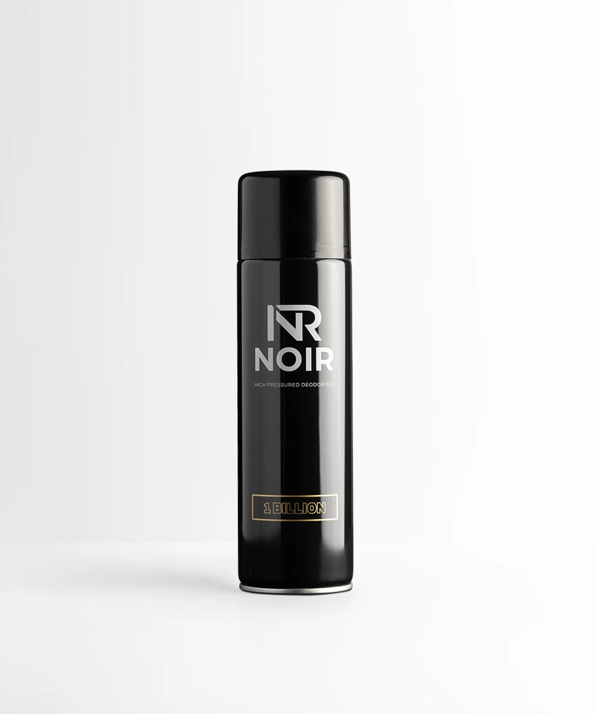 Black cylindrical deodorant can labeled "NR NOIR HIGH PRESSURED DEODORISER 1 BILLION" stands upright against a plain, light gray background.
