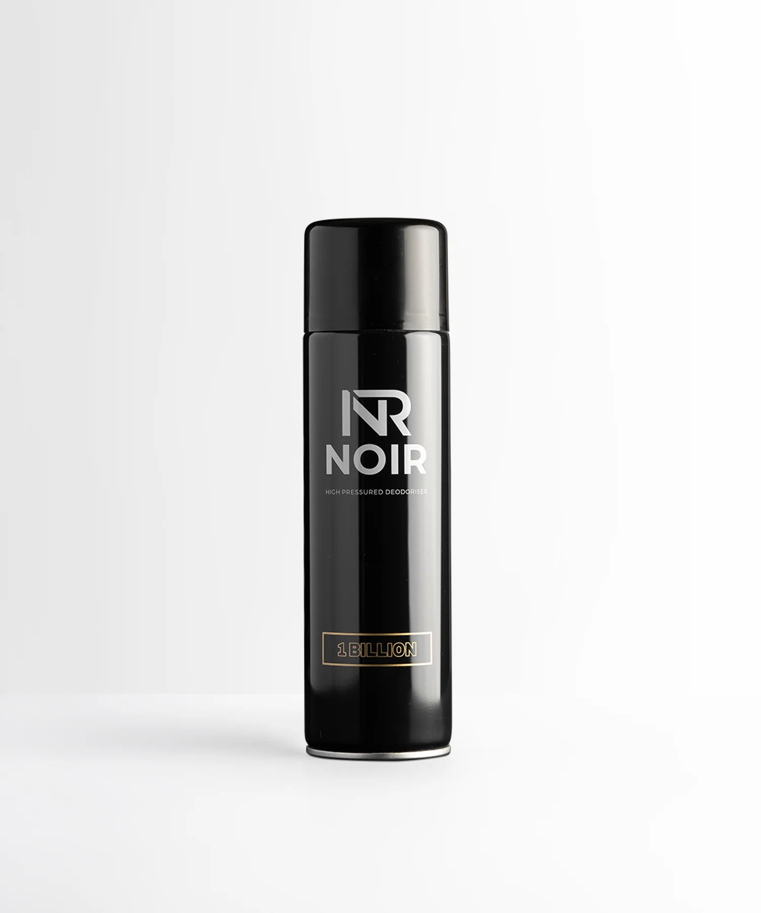 Black cylindrical deodorant can labeled "NR NOIR HIGH PRESSURED DEODORISER 1 BILLION" stands upright against a plain, light gray background.