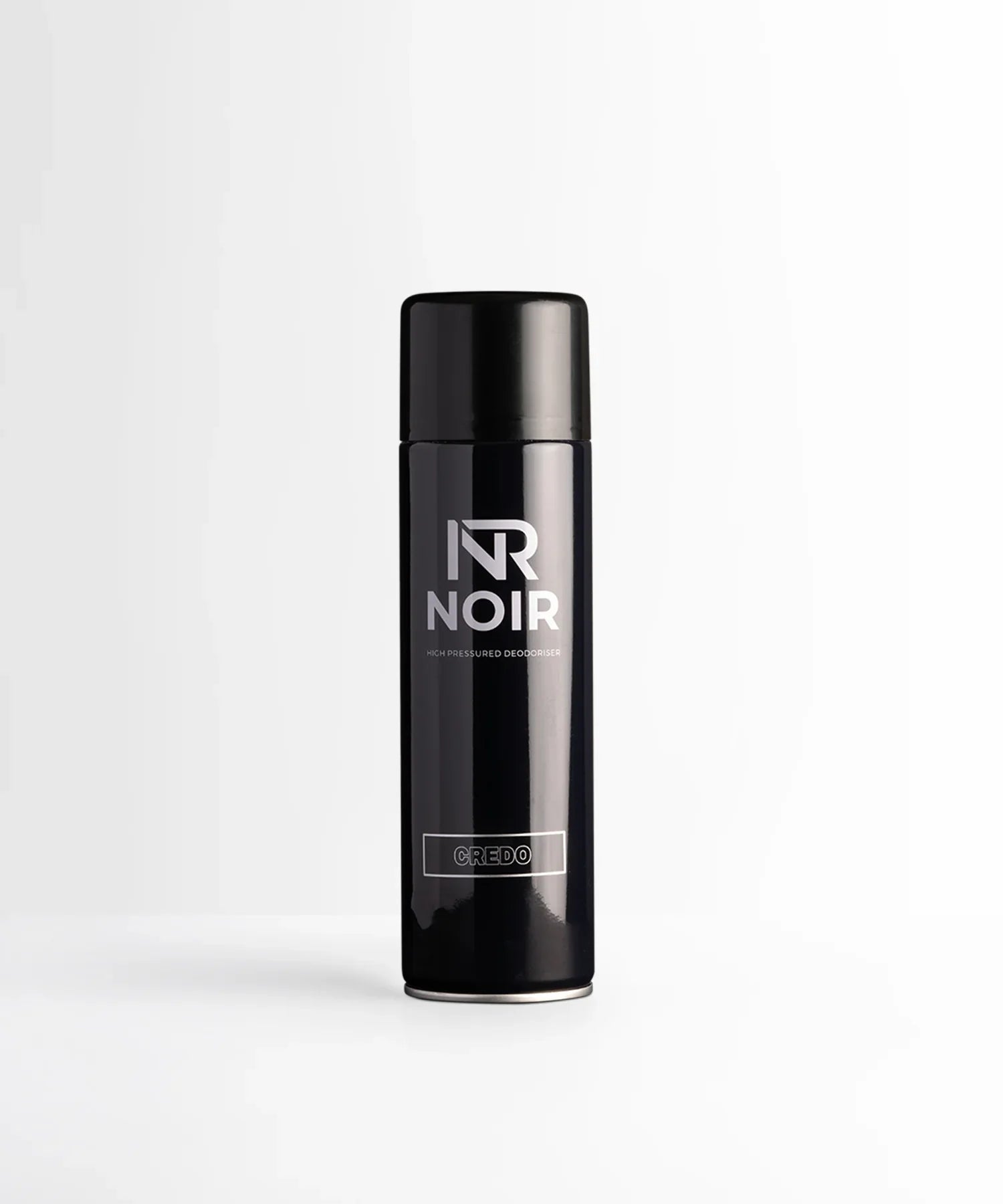 A black deodorant spray can labeled "NR NOIR HIGH PRESSURED DEODORISER CREDO" stands upright against a plain white background.