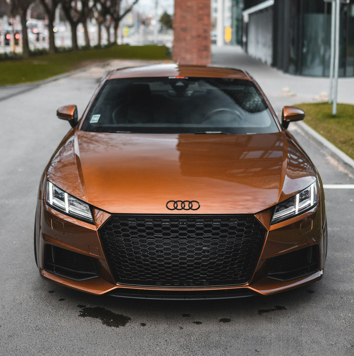 A metallic bronze Audi sports car is parked on a street near modern buildings and a grassy area. Its sleek design features angular headlights and a prominent grille with the Audi logo.