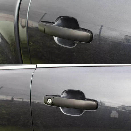 Top: A car door handle on a dark-colored vehicle lacks a keyhole. Bottom: Identical handle, same color, includes a visible keyhole. Both are in an outdoor setting.