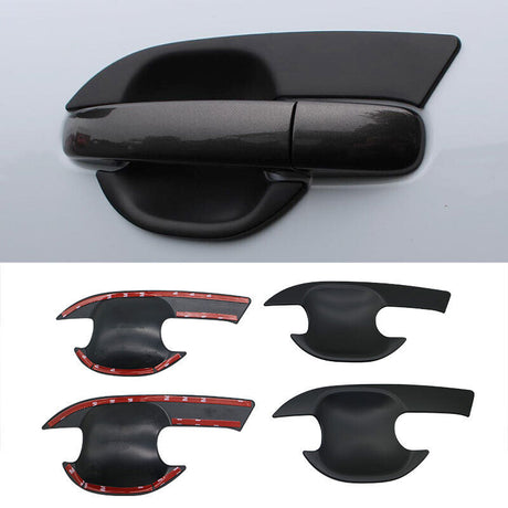 Black car door handle overlays are displayed with adhesive strips on the back. The top image shows an overlay attached to a car door, while the bottom image shows four detached overlays.