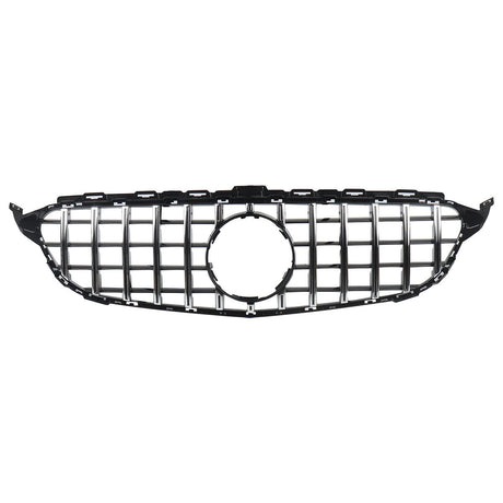 A black and silver car grille features vertical slats with a circular emblem cutout in the center, set against a plain white background.