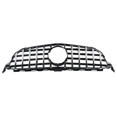 A black car grille with vertical slats and a circular emblem space is laid against a plain white background, highlighting its glossy finish and design details.